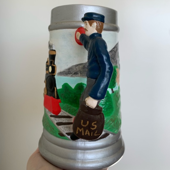 Hand Painted Ceramic Beer Mug Stein Train Theme Tall Mailman Mail Cup Novelty - Picture 3 of 10